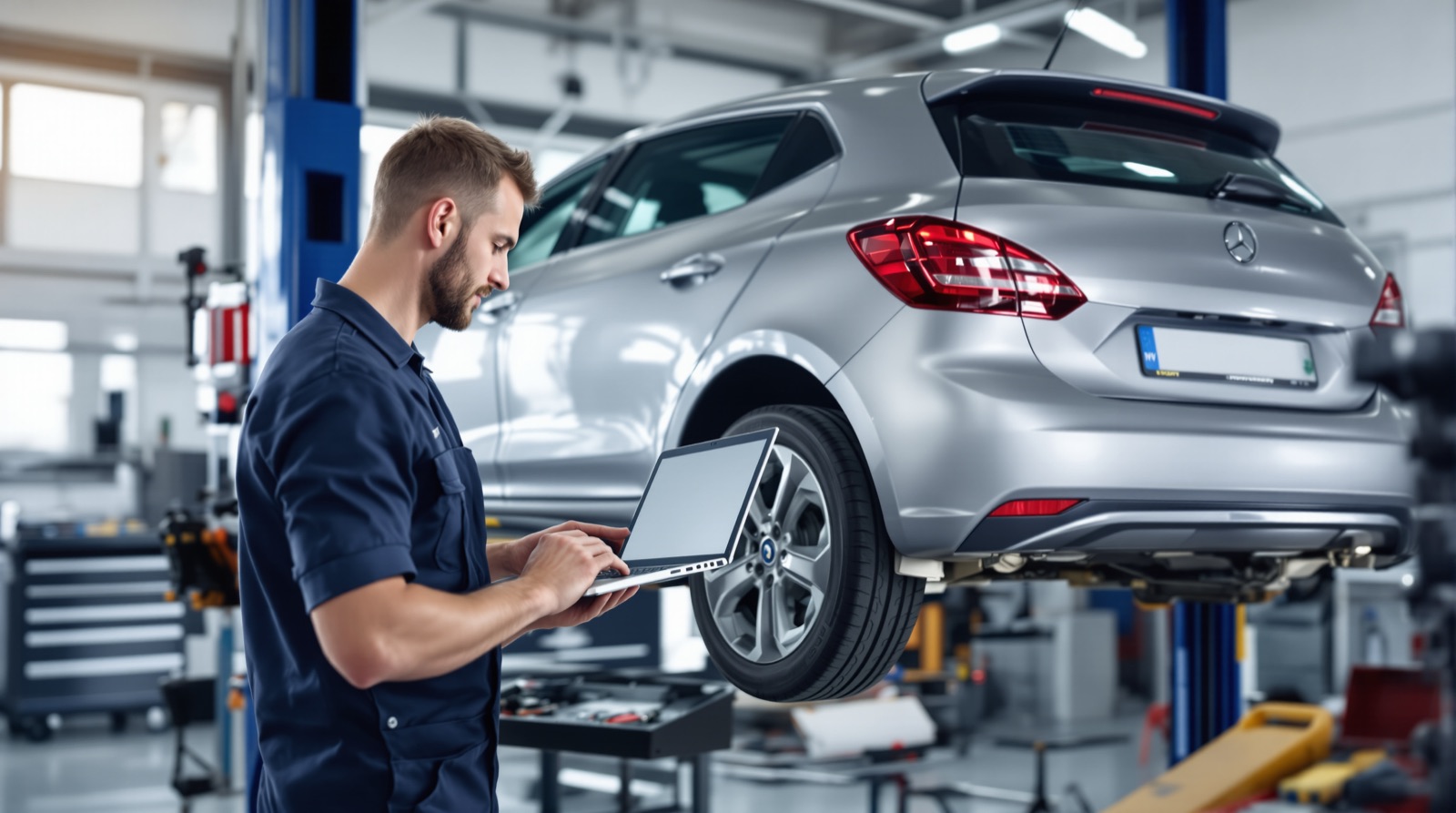 Technik s diagnostikou pri aute na zdvíhacej plošine