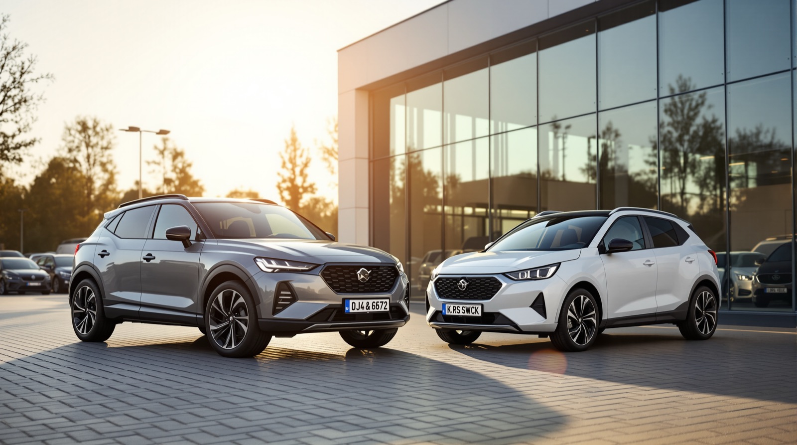 Kompaktné SUV a hatchback pred predajňou automobilov