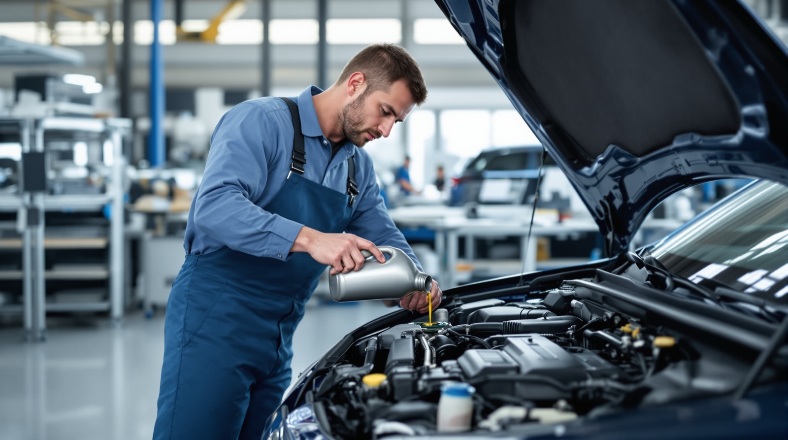 Mechanik dopĺňa motorový olej pri servisnej prehliadke