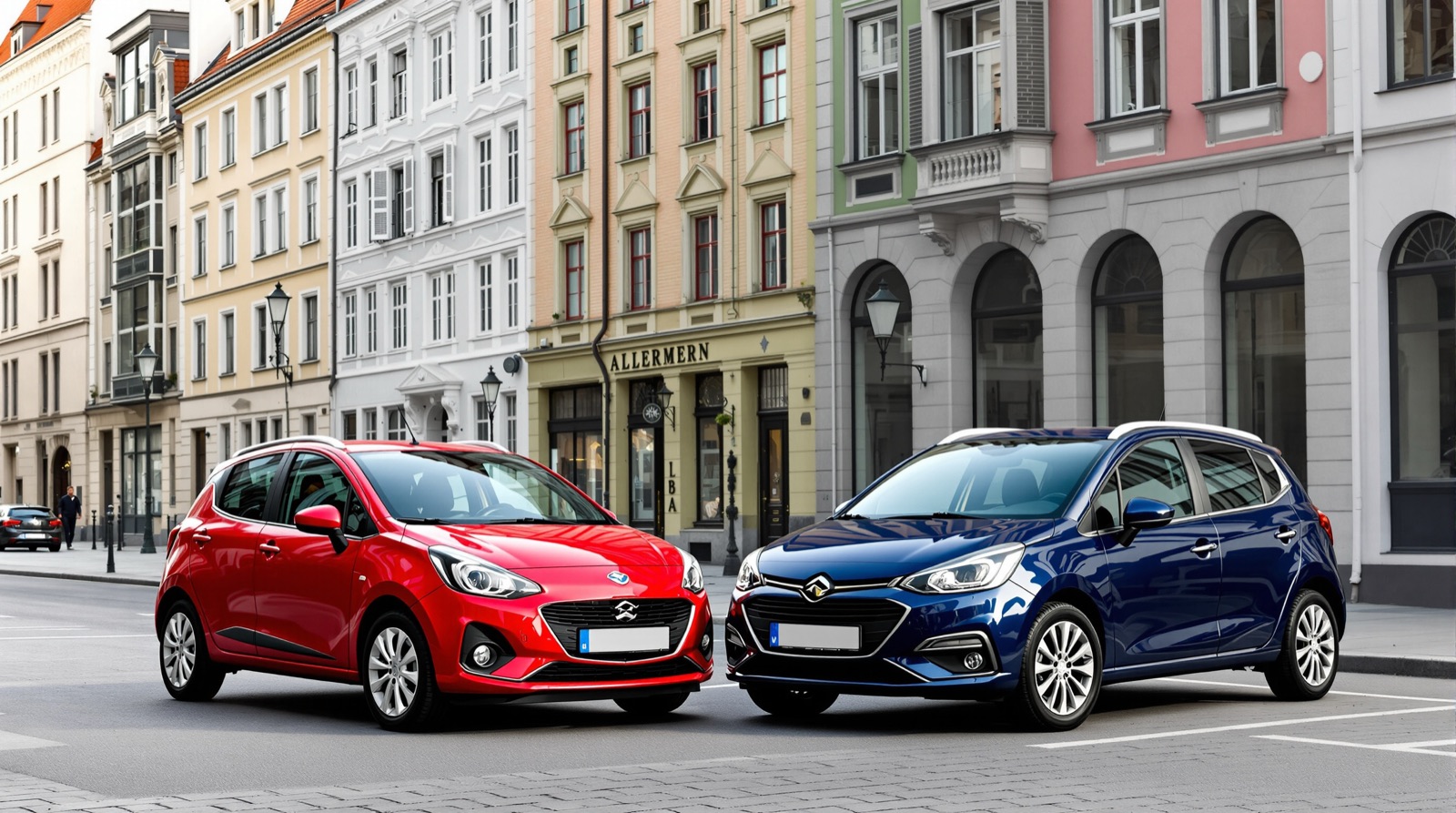 Dva malé hatchbacky zaparkované vedľa seba v meste